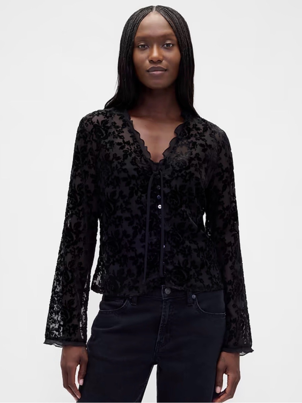 Gap Burnout Velvet Blouse Top Dark Romantic Goth Feminine Dainty Peasant Prairie
